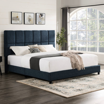 Lit plateforme très grand et transitionnel avec tissu en métal lourd rembourré bleu pour chambre