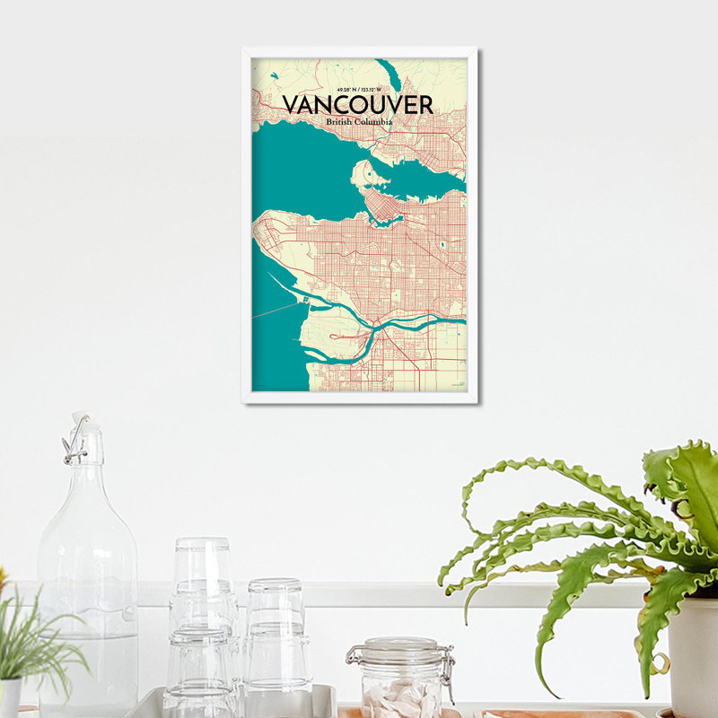 « vancouver city map », reproduction d’impression sur affiche en tricolore, H 17 po x l 11 po