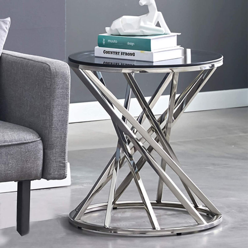 Retro Luxury Round Stainless Steel Coffee Table Set With Side Table, Silver