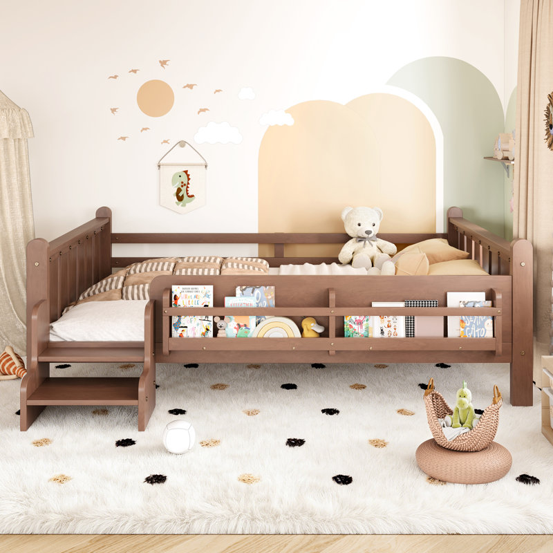 Full Size Solid Wood Kids Floor Bed with Storage Bookcases, Guardrails, and Stairs, No Box Spring, Natural, Natural, Full