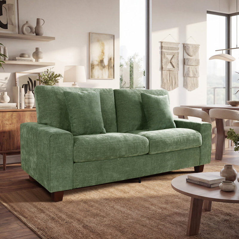 Karlita 71.25'' Modern Upholstered Sofa with Square Armrests and 2 Throw Pillows, Green