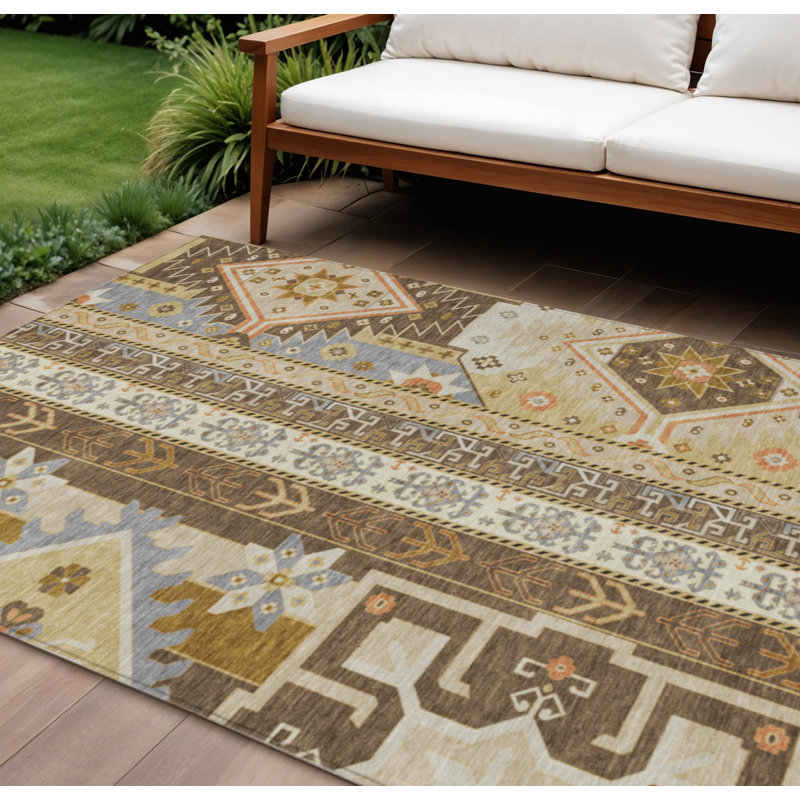 Tapis intérieur lavable 10 pi x 14 pi beige et ivoire aztèque brun