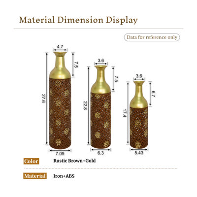 Ensemble de 3 vases gigognes en métal, vases décoratifs rustiques bruns et dorés pour salon et entrée