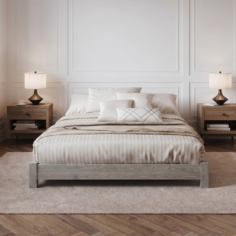 Base de lit Hardnett, Lit double, Bois gris