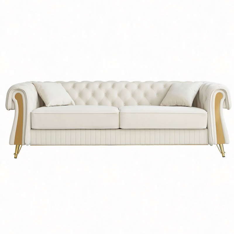 Canapé de salon en velours capitonné de 89 po avec deux coussins de siège et deux coussins décoratifs Chesterfield, Beige