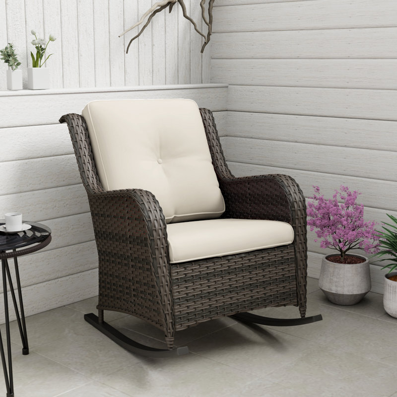 Outdoor Pe Wicker Rocking Chair - All-Weather Patio Furniture With Alloy Steel Frame & Thick Removable Cushion, Beige