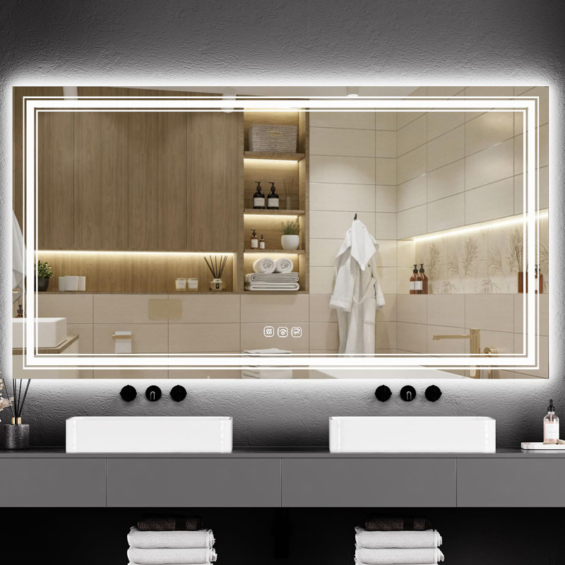 Miroir de salle de bain anti-buée à DEL avec deux sources de lumière, luminosité réglable, fonction mémoire, 30 po x 55 po