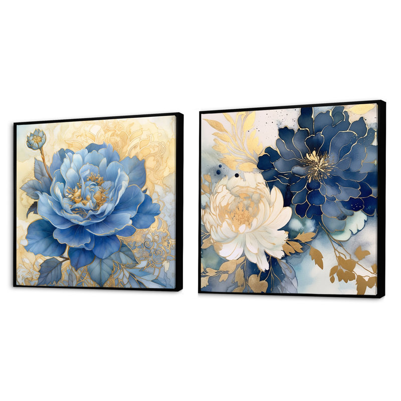 Ensemble de 2 fleurs rétro chorales blanches, Cadre flottant noir, H 16 po x l 33 po