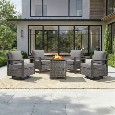 5-Piece Outdoor Frame Armrest Patio Conversation Set With Swivel Chairs And Fire Pit Table