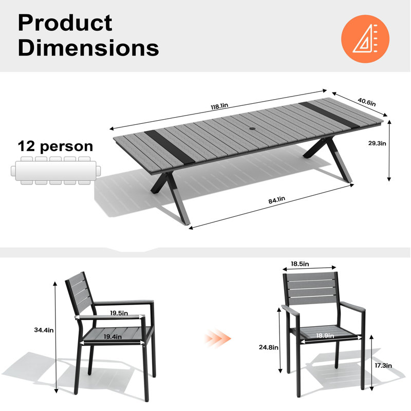 12 - Person 118.1'' W x 40.6'' D Aluminum Outdoor Patio Dining Set with Stackable Chairs, Dark Gray/Black