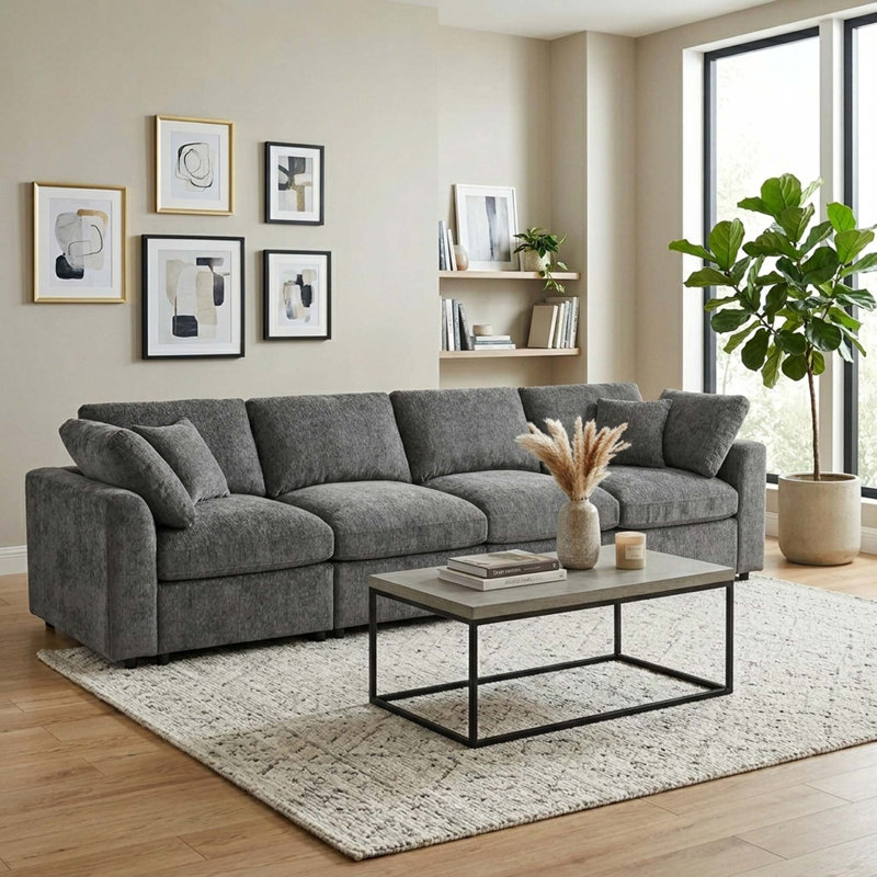 Canapé d'angle moderne en chenille avec assise profonde et confortable