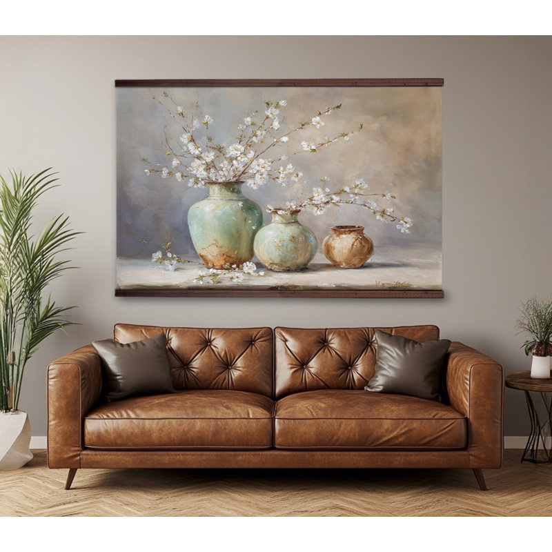 Tapisserie murale rétro avec vases en céramique et fleurs blanches, H 40 po x l 60 po