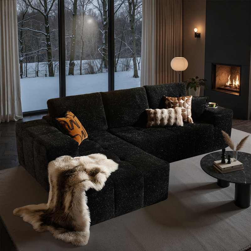 114'' L-Shaped Cloud Sectional Sofa with Chaise, Black Polyester