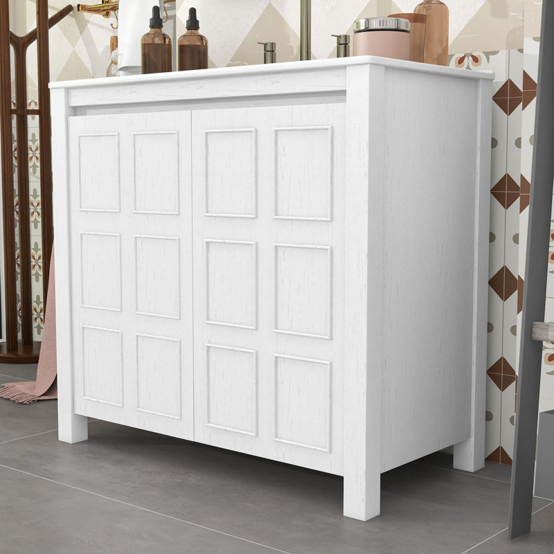 Wooden Bathroom Vanity with Ceramic Sink and Concealed Handles, Antique White