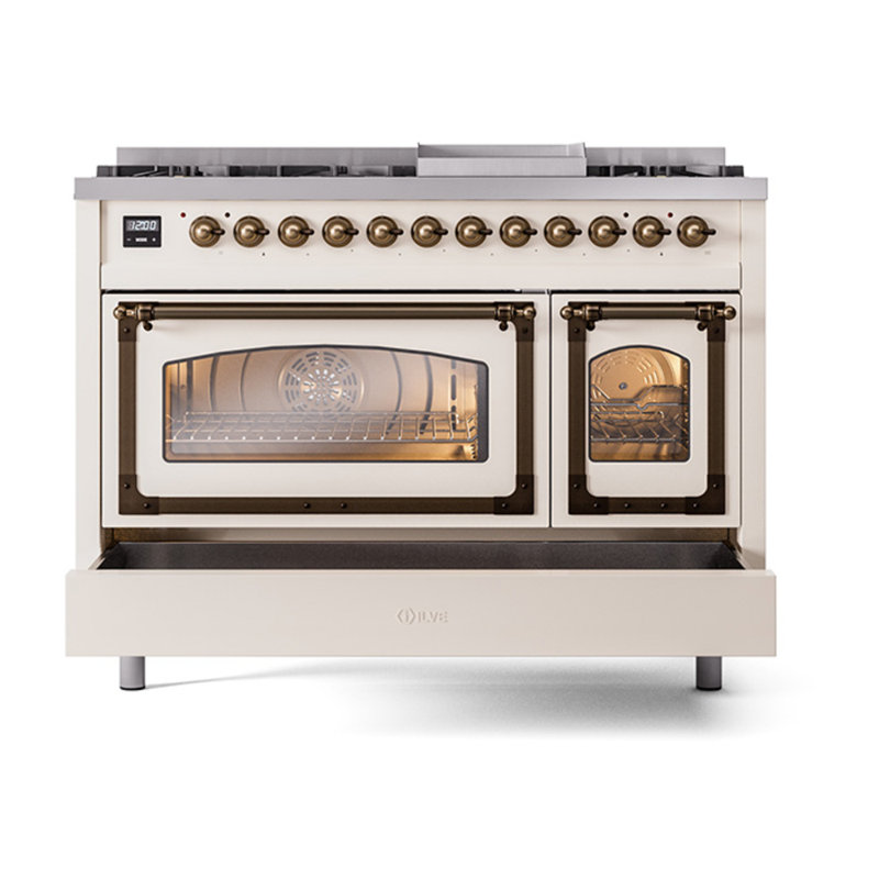 ILVE UN48FNMPEGG Nostalgie II Noblesse 48 inch Dual Fuel Range (8 Sealed Burners + Griddle, Triple Glass Door), Antique White