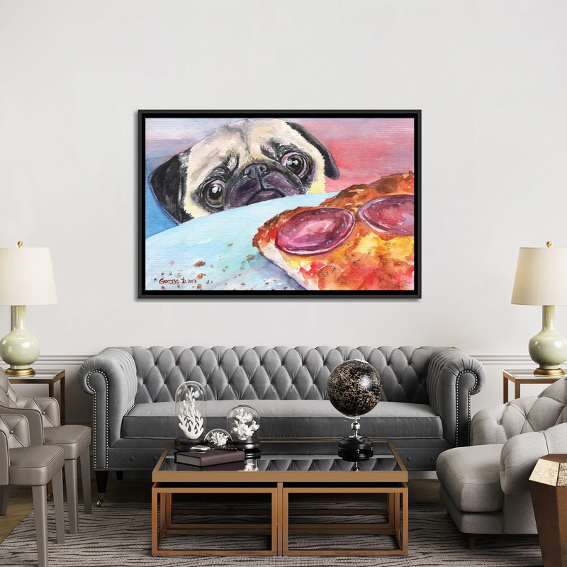 Carlin et pizza I, impression sur toile, H 18 po x l 26 po x P 1,5 po, Toile avec cadre noir, Pas de tapis