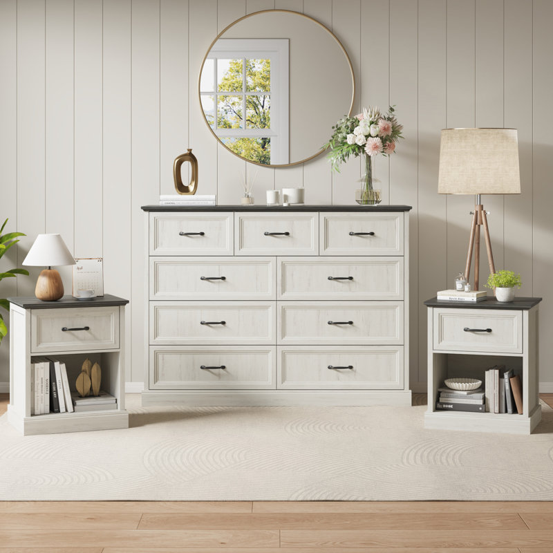 Ensemble de chambre à coucher 3 pièces - commode 9 tiroirs et 2 tables de chevet avec tiroir, blanc ivoire, Blanc