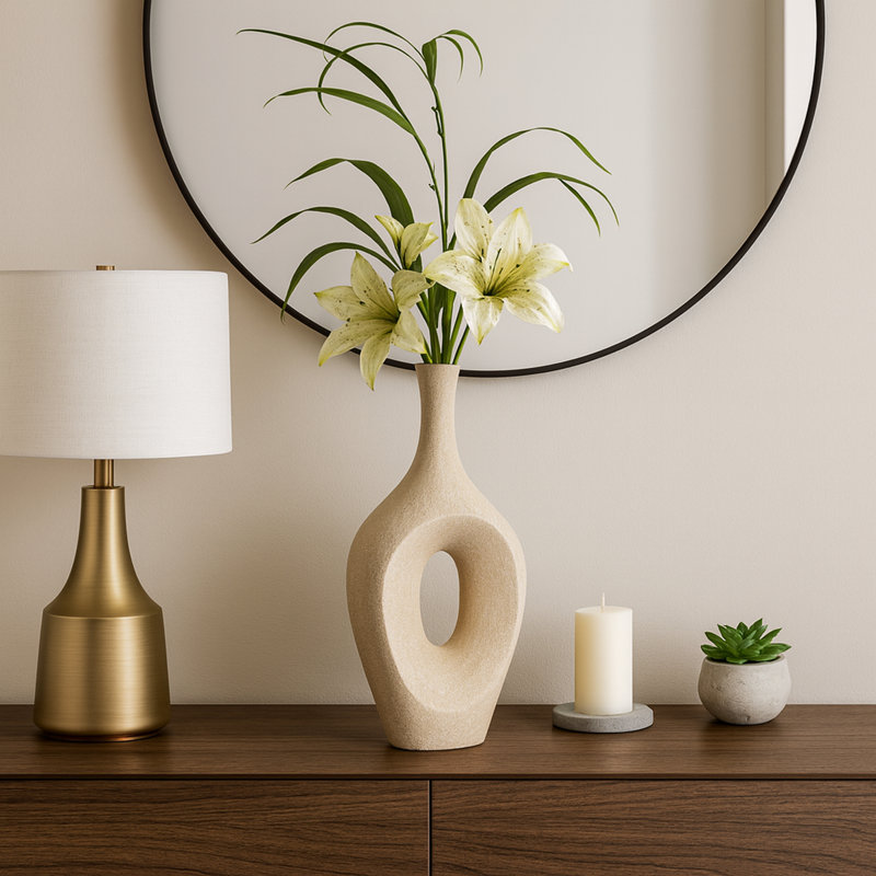 Vase de table en céramique Vannorman , Champagne perlé, H 19 po x l 9 po x P 4 po