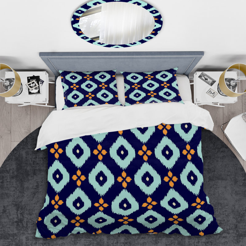 Blue Ikat Geometric - Ensemble de housse de couette à motif, Housse de couette pour très grand lit et 2 très
