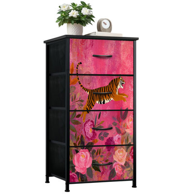 Commode pour la chambre à coucher avec 4 tiroirs de rangement Leaping Tiger entouré de motifs floraux aux teintes vives et mauves de la commode Commode en acier avec cadre en tissu