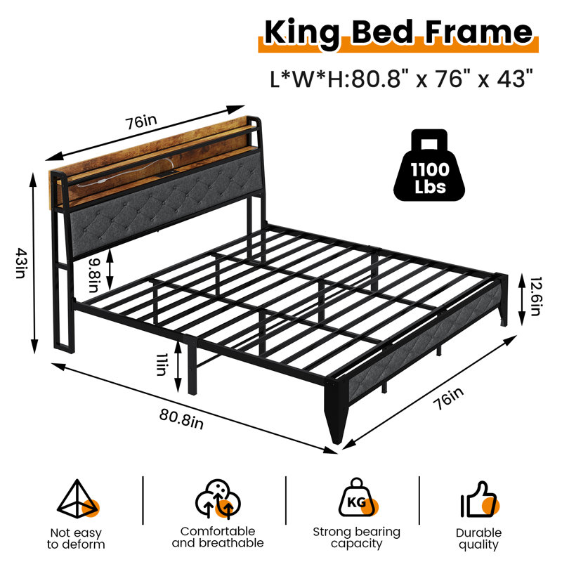 Nevio Bed Frame with Storage Headboard & Charging Station,Platform Metal Bed Frame with RGB Lights, King
