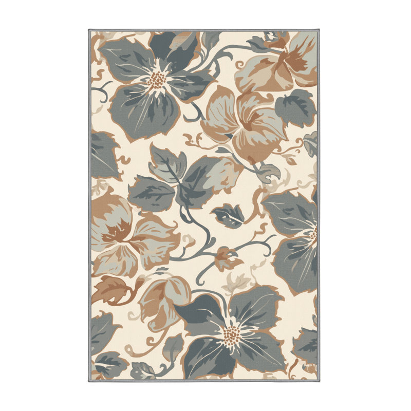 Machine Washable Ortencia Clematis French Country Floral Rug in Brown  Binding, 5x7