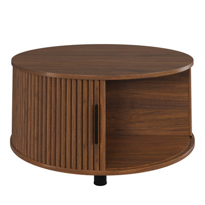 Modern Wood Circle Drum Table With Sliding Cabinet Door