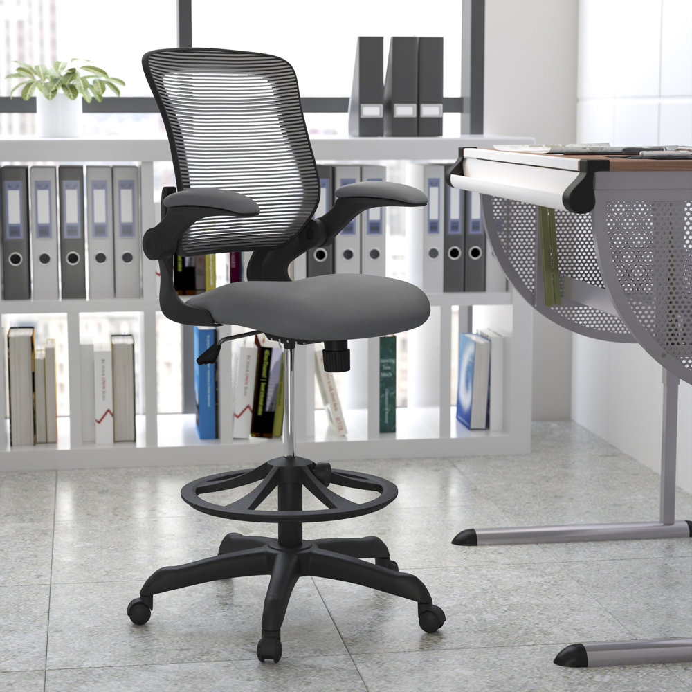 Mid-Back Mesh Ergonomic Drafting Chair with Adjustable Foot Ring and Flip-Up Arms