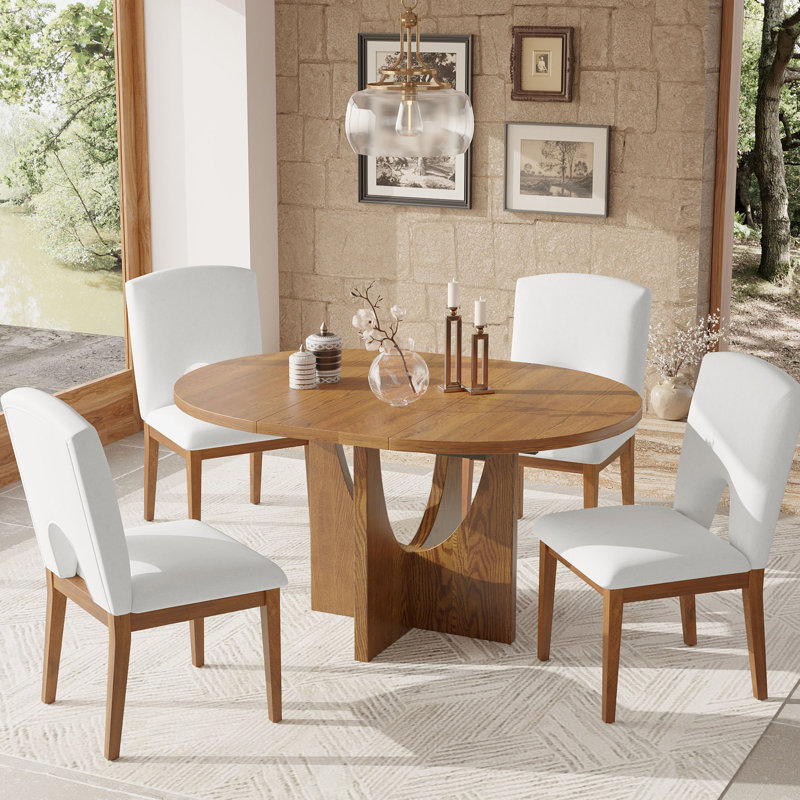 Ensemble de table de salle à manger extensible 5 pièces avec rallonge amovible pour petits espaces, Walnut, Walnut, Beige
