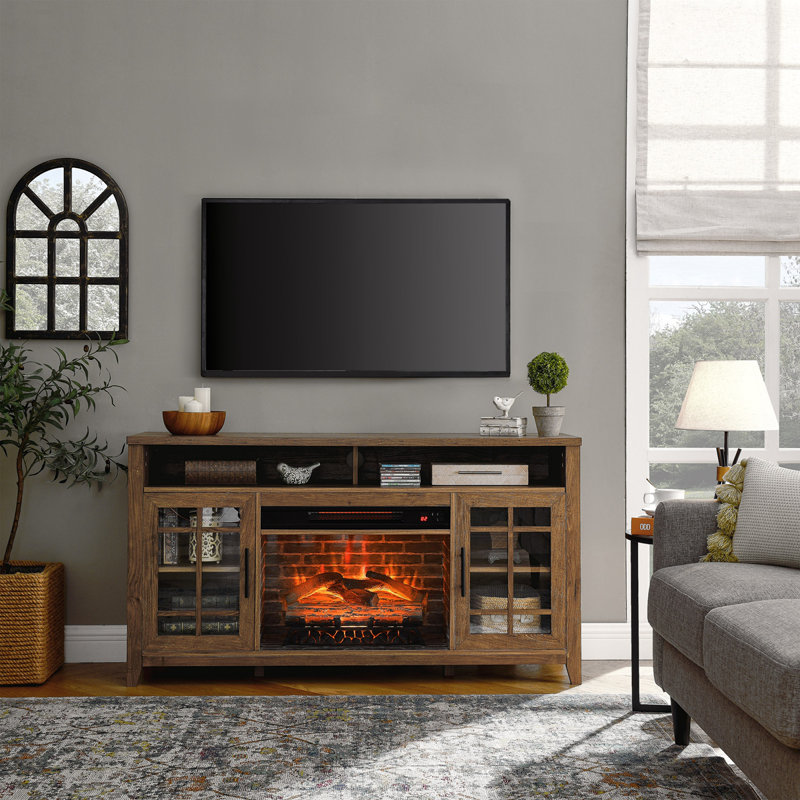 55 Inch TV Media Stand With Electric Fireplace KD Inserts Heater, Reclaimed Barnwood