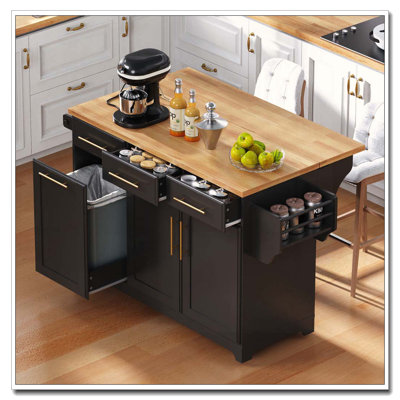 59.3" Kitchen Island with 2 Pull-Out Organizers & Trash Cabinet