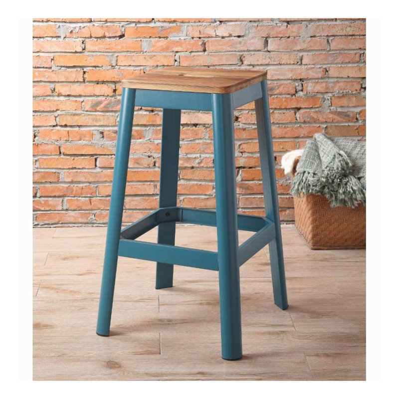 Tabouret de bar décontracté bleu sarcelle avec assise carrée en bois et structure en métal