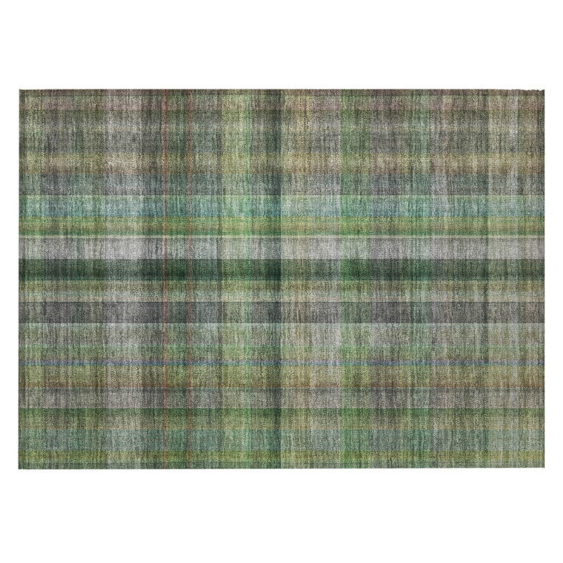 2' X 3' Green Beige and Gray Plaid Washable Non Skid Indoor Outdoor Area Rug