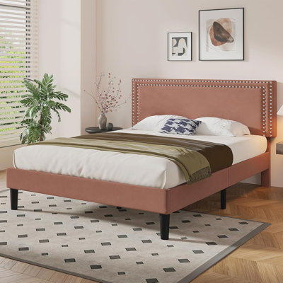 Full Size Coffee Velvet Upholstered Platform Bed with Adjustable Headboard, Modern Bed Frame with Wood Slats, No Box Spring Needed