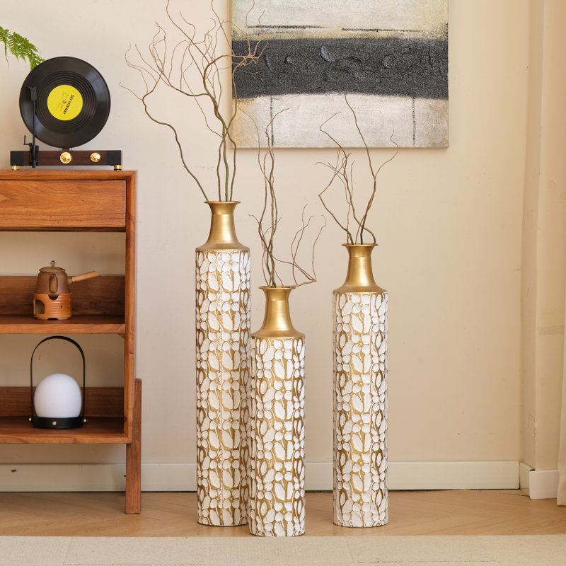 Metal Tall Floor Vase with Golden Blossom Vine Pattern, Large Flower Vase, Gold Vase (Set Of 3)