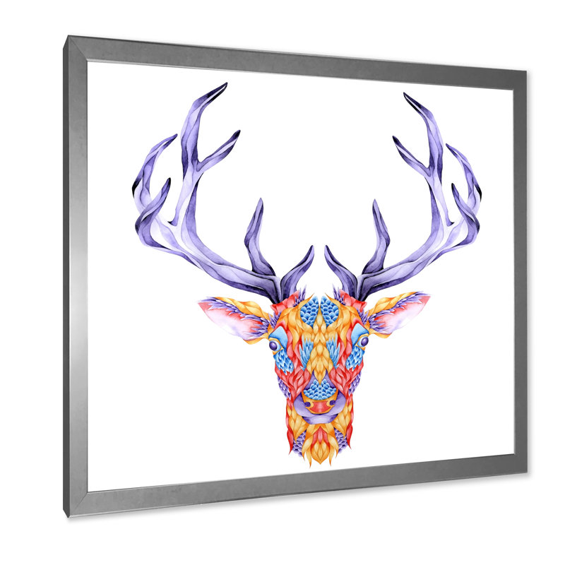 " Multicolor Deer Head " Painting Print, 16" H x 16" W x 1" D, Silver Picture Framed Canvas