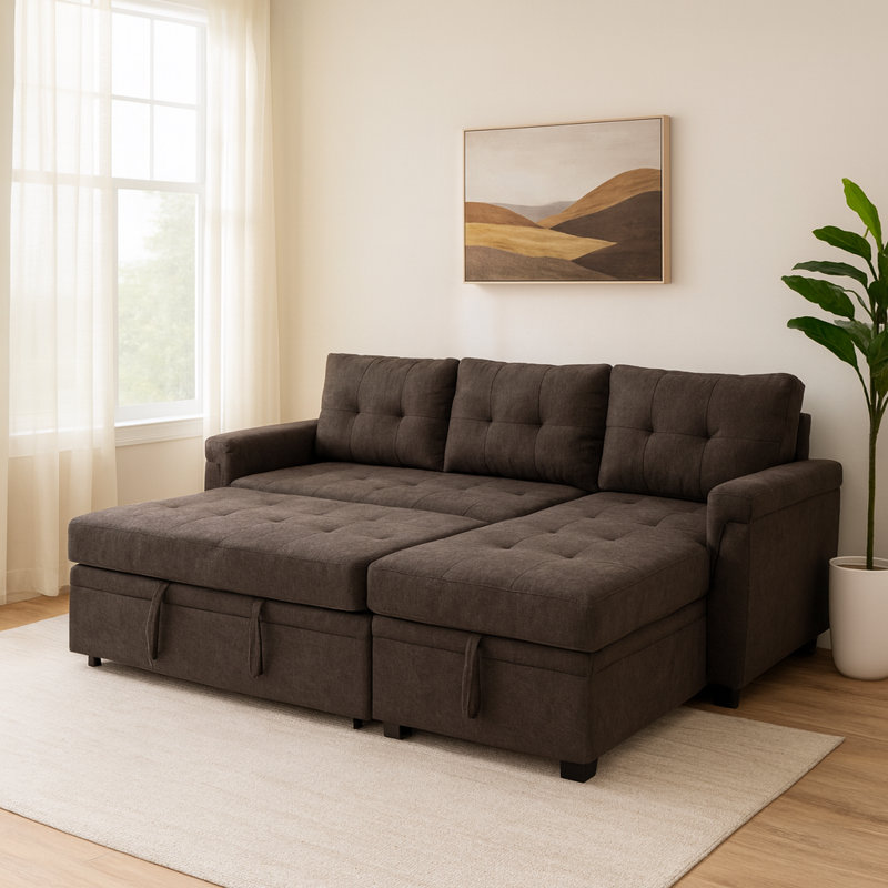 Gadalia Modern L-Shaped Sectional Sleeper Sofa with Storage Chaise, Pull-Out Bed Design – Reversible Velvet Couch for Small Spaces