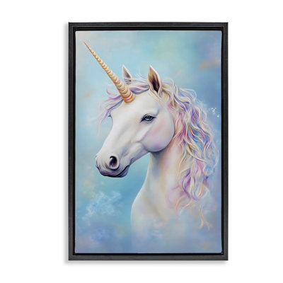 Licorne blanche sur cadre flottant bleu, design Creative Studio