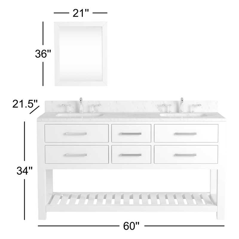Madalyn 60" Double Sink Bathroom Vanity Set with Mirror, 34" H x 60" W x 21.5"D, Pure White