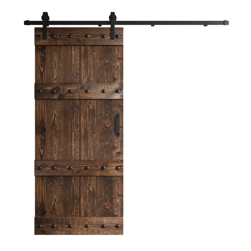 Porte de grange à panneaux en bois avec ensemble de quincaillerie d'installation, 36 po x 84 po, Café Kona