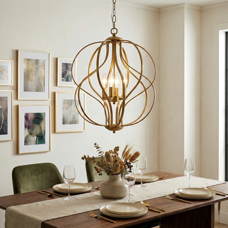 Lustre géométrique unique en fer forgé à 4 lumières Avers (17,3 po), 18" × 18", Laiton poli