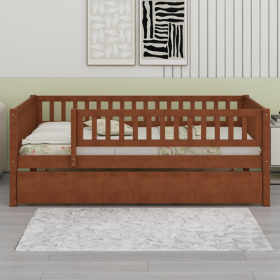 Wood Daybed With Trundle And Fence Guardrails