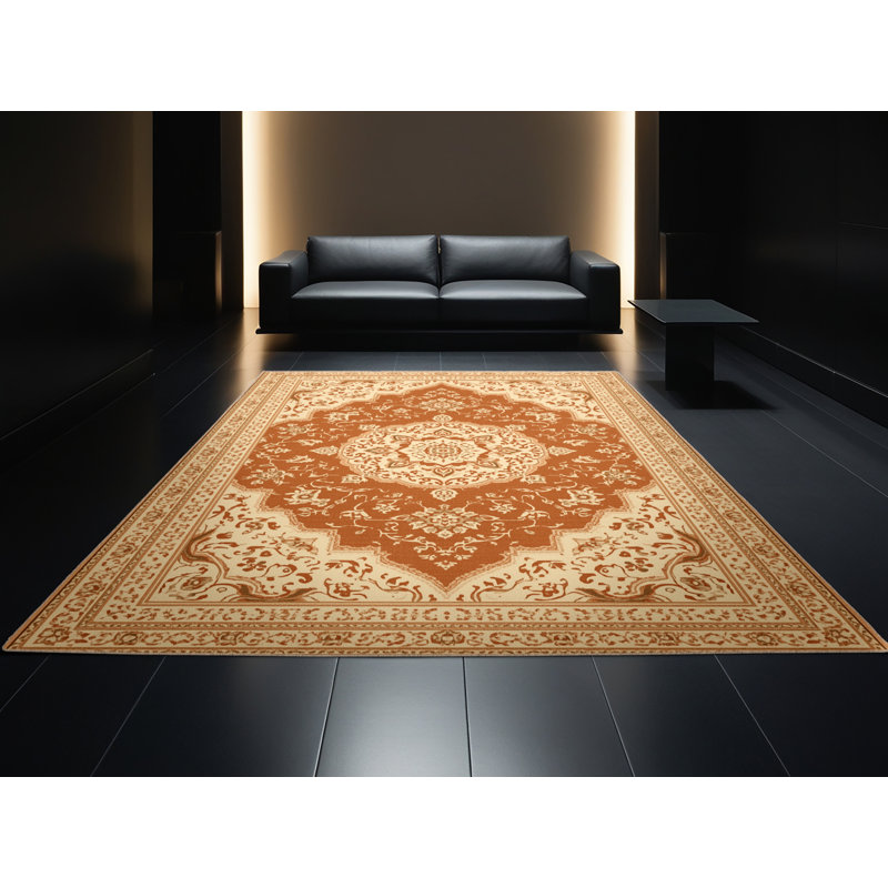 Tapis oriental traditionnel brun et beige lavable à la machine Pantelis, Rond 3 pi