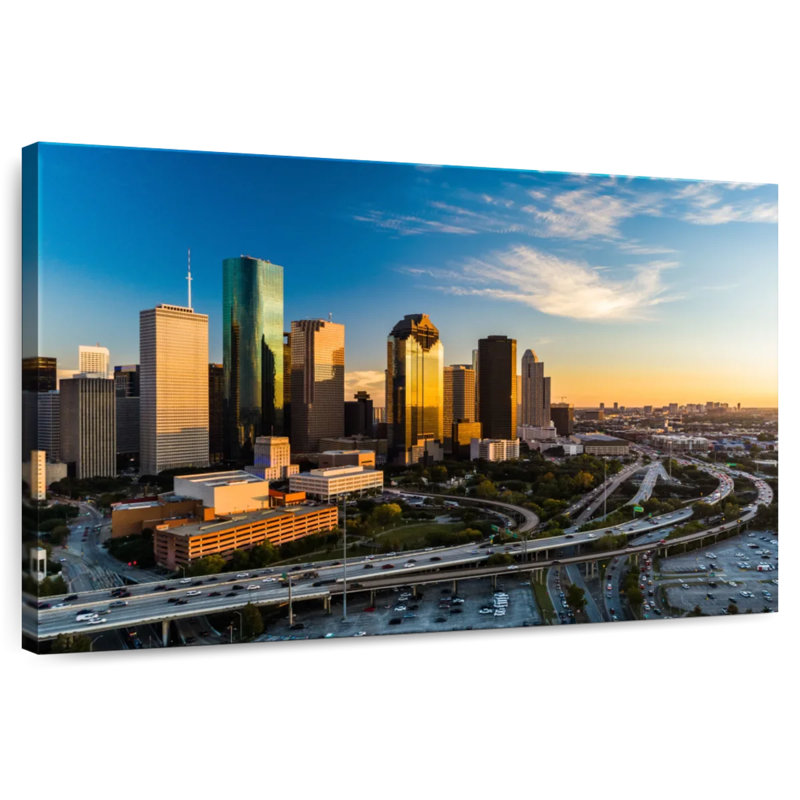 Ravi Houston Skyline au coucher du soleil, H 32 po x l 48 po