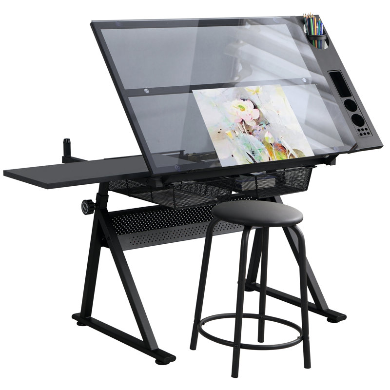 Table à dessin à hauteur réglable en métal avec tabouret, bureau de dessin avec plateau en verre inclinable, tiroirs de rangement et tablette latérale
