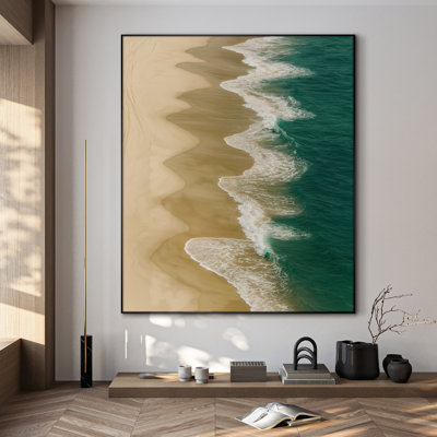 Très grand, reproduction d'art sur tissu mural - vue aérienne côtière, plage de sable et vague turquoise, décor contemporain pour le salon ou la chambre à coucher - «Assemblage requis du cadre (cadre non fini)»