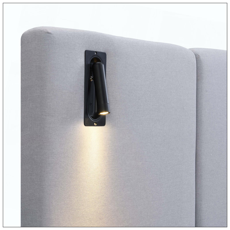 Lit tapissier chic en lin avec lumières et tablettes intégrées pour la chambre à coucher, Grand, Gris