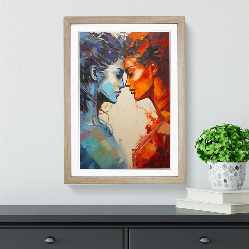 Two Women In Love Action - Single Picture Frame Print on Wood, Oak Framed, 34cm H x 25cm W