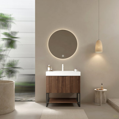Meuble-lavabo 30 po avec lavabo, armoire de rangement autoportante en contreplaqué rayé avec tiroir et tablette ouverte, lavabo intégré rectangulaire sans robinet, pré-assemblé