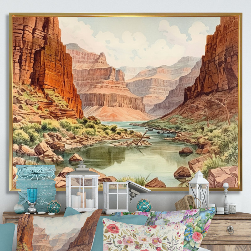 Paysage de canyon sur toile, 34" H x 44" W, Cadre flottant doré